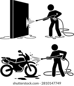 Property and vehicle detailing icon set featuring technician pressure washing building wall surface and cleaning motorbike adventure motorcycle silhouette