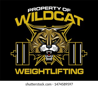 property of wildcat weightlifting team design with mascot and barbell for school, college or league