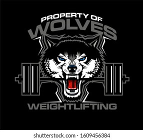 property of wolves weightlifting team design with mascot holding barbell for school, college or league