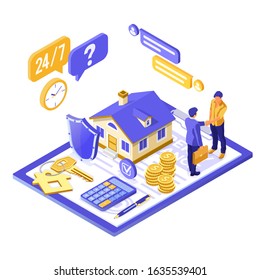 Propery House Insurance Isometric Concept For Poster, Web Site, Advertising With Home Insurance Policy On Clipboard, People Handshake, Money, Key And Shield. Isolated Vector Illustration