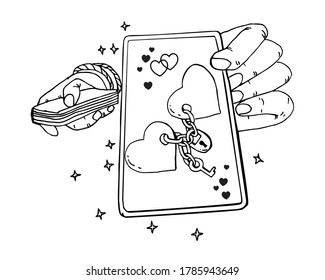 Prophecies. Spells. Witch hand showing card and telling the future on the deck of cards. Predicts fate. Card with love sign. Vector line hand drawn illustration