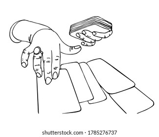 Prophecy of cards. Witch hands with rings, bracelets and spells cards. Predicts future. Magic or game symbols. Vector hand drawn line illustration