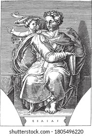 Prophet Isaiah, Adamo Scultori, after Michelangelo, 1585 The prophet Isaiah sitting with a book. Two small figures behind the prophet, vintage engraving.