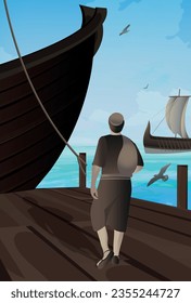 The prophet Jonah book. Jonah 1:3. Vector illustration. Jonah ran away from the Lord and headed for Tarshish. Bible stories. Old testament.