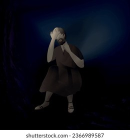 The prophet Jonah  book. Jonah 2:2-10.  Jonah in the belly of the fish. Vector illustration. Bible stories. Old testament. 