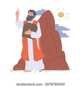 Prophet Moses hold stone tablets with commandments of god on mount sinai. Christian biblical religion character from scripture history. Flat vector illustration isolated on white