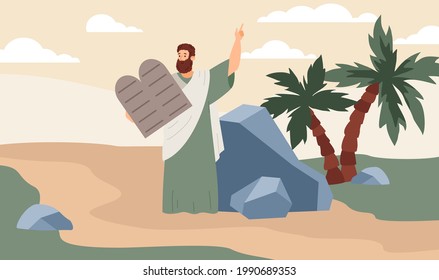 Prophet moses stand on mountain sinai and hold stone tablets with ten commandments. Ancient jewish character from story of holy christian bible. Flat cartoon vector illustration