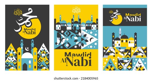 Prophet Muhammad birthday geometric vector set collection. Mawlid al Nabi poster, book cover, greeting card.