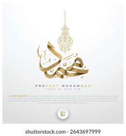Profeta Muhammad brilhante dourado árabe caligrafia Vetor Design com padrão floral para fundo, banner, papel de parede, ilustração, cartão, capa, folheto etc. Tradução Do Texto: PAZ ESTEJA COM ELE