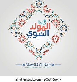 Prophet Muhammad peace be upon him in arabic calligraphy for mawlid islamic greeting with textured Islamic ornamental detail of mosaic. Vector illustration.
