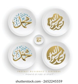 Prophet Muhammad's Birthday In Arabic calligraphy Vector Design. Also can Used For Wallpaper, Decoration, Card, Illustration etc. Translation Of Text : PROPHET MUHAMMAD'S BIRTHDAY
