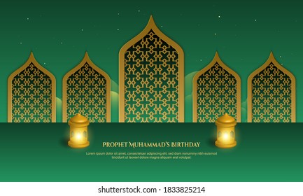 Prophet Muhammad's Birthday greeting card islamic banner background. Vector Illustration.