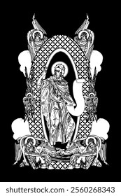 Prophet Saint Elijah. Illustration with angels and seraphim in heaven black and white in Byzantine style