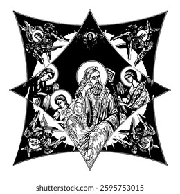 Prophet Saint Elijah on cross dome with 4 apostles, angels and seraphim. Ink illustration black and white in Byzantine style isolated