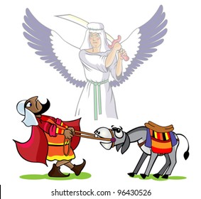 Prophet Velaam pulls a donkey, the divine angel has lifted  a sword over  his head