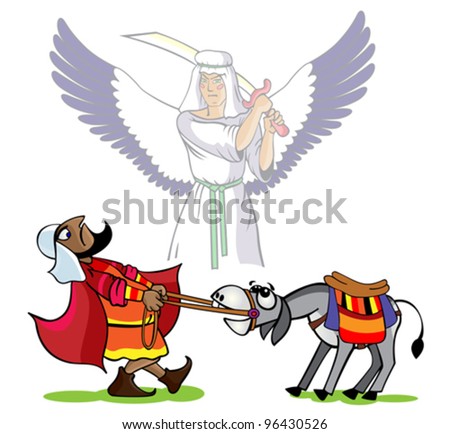 Prophet Velaam pulls a donkey, the divine angel has lifted  a sword over  his head