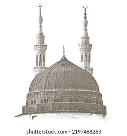 Prophet's Masjid (Moschee) grüne Kuppel Vektorgrafik - Ikonische grüne Kuppel. Medina, Saudi-Arabien. Einzige Vektorgrafik mit Holzschnitt.