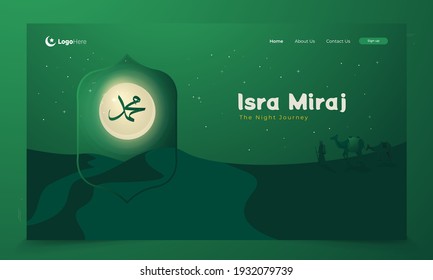 Prophet's night journey or Isra Miraj greetings with calligraphy text of Muhammad ahead of the moon concept