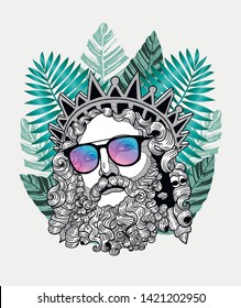 The Prophets. Vector illustration hand drawn. Hipster portrait with glasses and tropical leaves. Summer style.