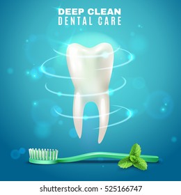 Cartel médico de limpieza profunda dental profiláctica con cepillo dental y hojas de menta fresca ilustración vectorial de fondo borrosa 