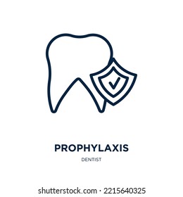 Prophylaxe Symbol aus der Zahnarztsammlung. Dünne lineare Prophylaxe, Pflege, gesunde Kontur Symbol einzeln auf weißem Hintergrund. Zeilensymbol, Vektorprophylaxe, Symbol für Web und Mobile