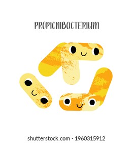 Propionibacterium. Cute lactic acid bacteria character. Probiotics. Good kawaii microorganism for gut, intestinal flora health. Microflora. Vector flat cartoon illustration