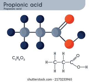 Propionic acid, chemical formula C3H6O2. Propanoic acid. Preservative for stored grains. Body odour. Isolated on white background. 