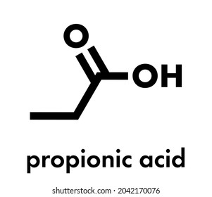 Propionic acid (propanoic acid) molecule. Used as preservative in food. Skeletal formula.