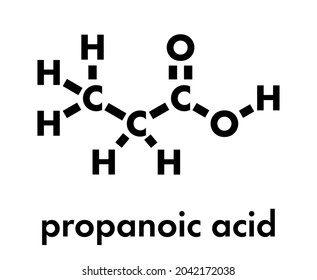 Propionic acid (propanoic acid) molecule. Used as preservative in food. Skeletal formula.