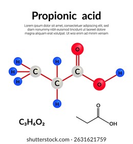 Ácido propiônico, ou ácido propanoico, fórmula de estrutura molecular, modelo bola-e-vara, adequado para a educação ou conteúdo da ciência química. Ilustração vetorial