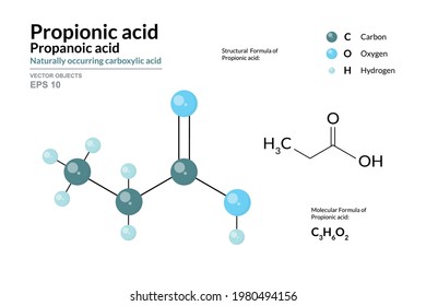 Propionic (Propanoic) acid. Naturally occurring carboxylic acid. C3H6O2. Structural Chemical Formula and Molecule 3d Model. Atoms with Color Coding. Vector Illustration