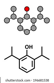 Propofol anesthetic drug, chemical structure. Conventional skeletal formula and stylized representation, showing atoms (except hydrogen) as color coded circles. 
