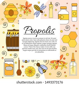 Propolis card concept with text space. Vector illustration with cartoon honey elements - bees, flowers, pills and hive for design and web