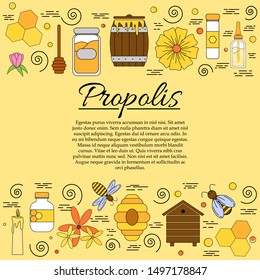 Propolis card concept with text space. Vector illustration with cartoon honey elements - bees, flowers, pills and hive for design and web