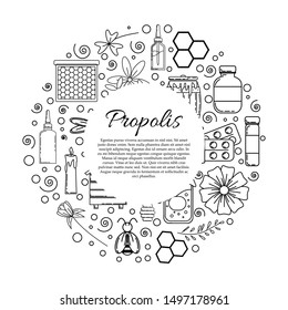 Propolis card concept with text space. Vector illustration with honey outline elements - bees, flowers, pills and hive for design and web