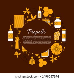 Propolis card concept with text space. Vector illustration with cartoon honey elements - bees, flowers, pills and hive for design and web