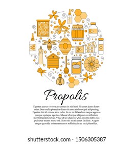 Propolis card concept with text space. Vector illustration with cartoon honey elements - bees, flowers, pills and hive for design and web