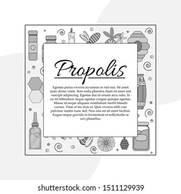Propolis card concept with text space. Vector illustration with honey elements - bees, flowers, pills and hive for design and web