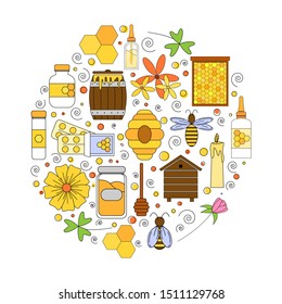 Propolis card concept. Vector illustration with cartoon honey elements - bees, flowers, pills and hive for design and web