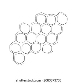 Propolis-Kamm. Hobelhandgezeichnete Wabenstruktur. Honig, Pollen, Wachs, Pergament und Bienenprodukte im Skizzenstil. Schwarz-Weiß-Stockillustration auf weißem Hintergrund.