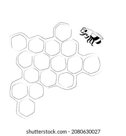 Propolis. Hobelhandgezeichnete Wabenstruktur. Honig, Pollen, Wachs, Pergament und Bienenprodukte im Skizzenstil. Schwarz-Weiß-Illustration einzeln auf weißem Hintergrund.