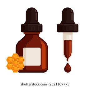 Propolis extract dropper bottle, honeycomb and droplet. Flat vector illustration with copy space isolated on white background. Natural remedy and serum, alternative medicine, apitherapy concept