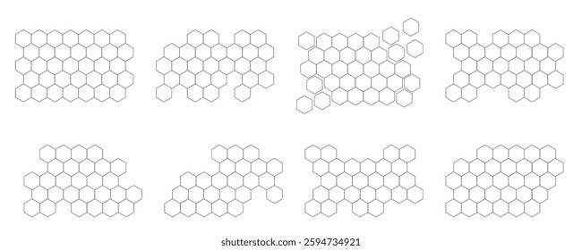 Propolis Honey comb logo set. Honeycomb structure pattern. Honey, pollen, wax, parchment and bee products. Stock vector illustration isolated on a white background.