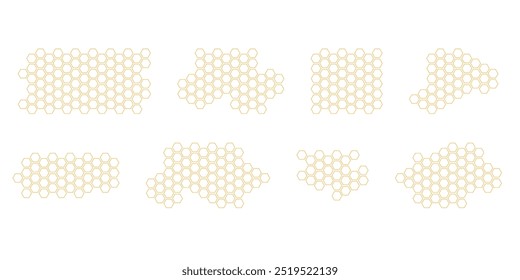 Propolis Honey comb set. Honeycomb structure pattern. Honey, pollen, wax, parchment and bee products in sketch style. Stock vector illustration isolated on a white background.