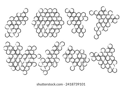 Propolis honeycomb set. Doodle hand drawn honeycomb sketch structure. Honey, pollen, wax, parchment and bee products in sketch style. Stock black and white illustration on a white background.