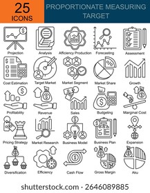 Iconos de objetivo de medición proporcionales en estilo de línea. Contiene proyección, análisis, eficiencia, producción, pronóstico, costo, mercado objetivo, cuota de mercado y más  
