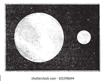 Proportions Of The Earth And Moon, Vintage Engraved Illustration. Dictionary Of Words And Things - Larive And Fleury - 1895.