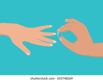 Proposal agreement touching moment vector illustration. Man puts beautiful engagement ring on woman finger isolated on blue background. Banner with isolated hands making proposal flat style