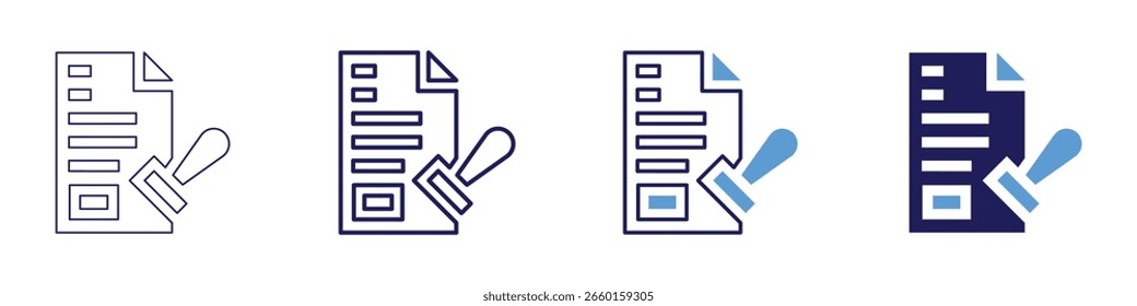 Icono de Aprobación de propuestas en 4 estilos diferentes. Línea delgada, línea, línea en negrita, duotono. Estilo duotono. Trazo editable.
