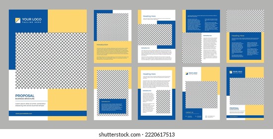 Proposal Business Brochure Template 8 pages, 
clean and modern style, vector template brochures, presentations, leaflet, brochure a4 size with yellow and blue color design